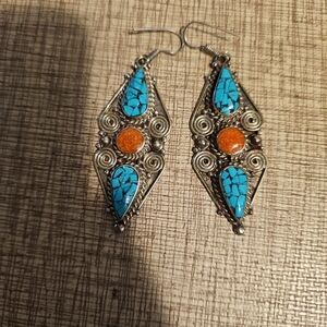 Turquoise and Coral Native americaTeardrop Dangle Earrings -handmade Silver Tone
